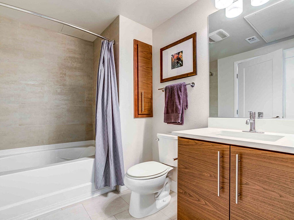 Luxury Apartments in Redwood City CA - Franklin 299 - Bathroom With A Vanity, Wood-Style Cabinets, And A Shower With A Bathtub.