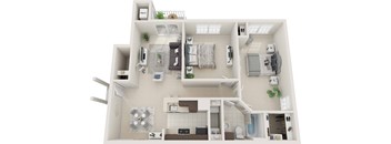 A 3D floor plan of a small apartment with a kitchen, living room, and bathroom.