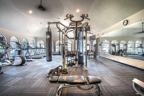 A gym with a variety of equipment including a punching bag, treadmill, and weight bench.