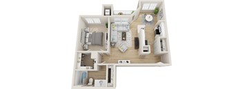 A 3D floor plan of a house with a living room, kitchen, and bathroom.