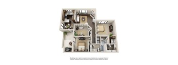 A 3D rendering of a house layout with a kitchen, living room, and bedrooms.