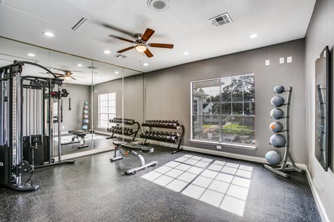 a home gym with a window and weights machines and a ceiling fan