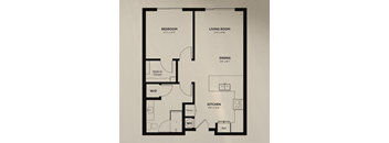 A floor plan of a house with a bedroom, living room, dining area, kitchen, pantry, walk-in closet, and a workspace.