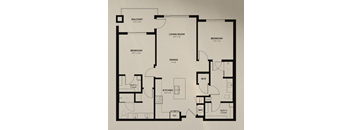 A black and white image of a house floor plan with a balcony, living room, dining area, kitchen, and three bedrooms.
