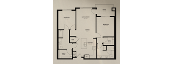 A black and white image of a house floor plan with a patio, two bedrooms, a living room, a dining area, a kitchen, a walk-in closet, and a hallway.