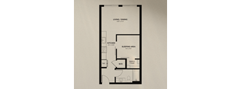 A black and white image of a floor plan for a small apartment.