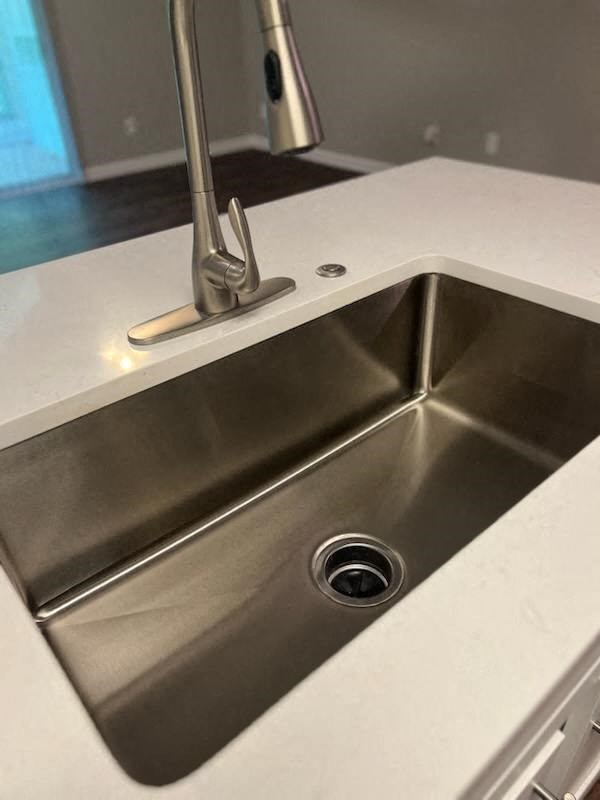 a stainless steel sink with a tap in a kitchen