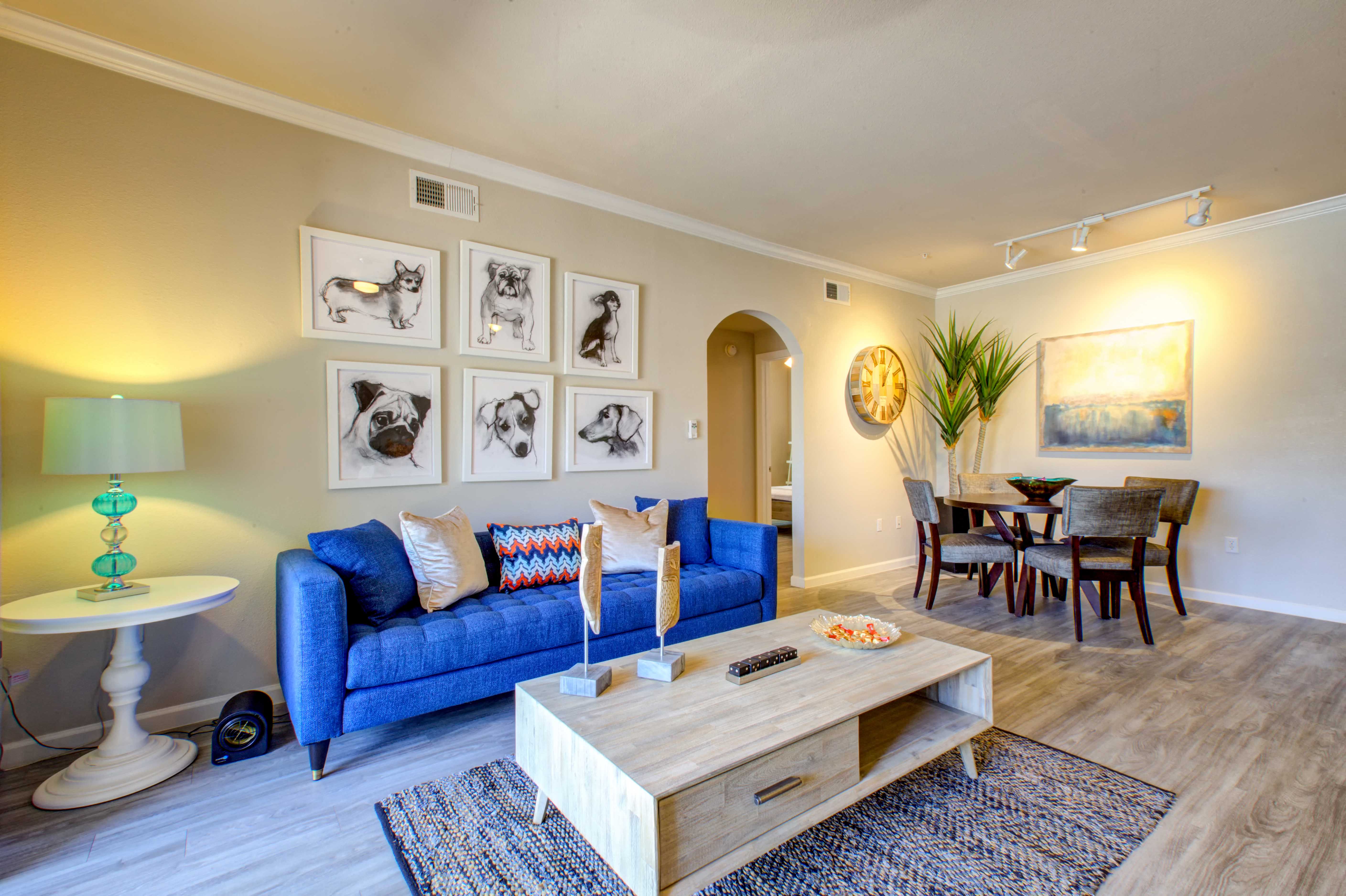 Pet Friendly Apartments in North Phoenix AZ - Ironhorse at Tramonto - Living Room with Wood-Style Flooring, Area Rug, Blue Sofa, Wooden Coffeetable, Side Table with Lamp, and View of Dining Area