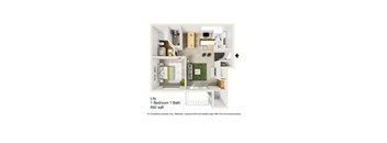 A floor plan of a one bedroom apartment with one bathroom.