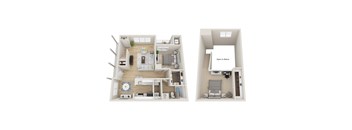 Two images of a small apartment layout with a living room, kitchen, and bedroom.