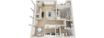 A top-down view of a modern apartment layout with a living room, kitchen, and bedrooms.
