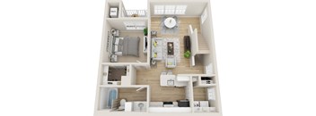 A 3D floor plan of a house with labeled rooms.