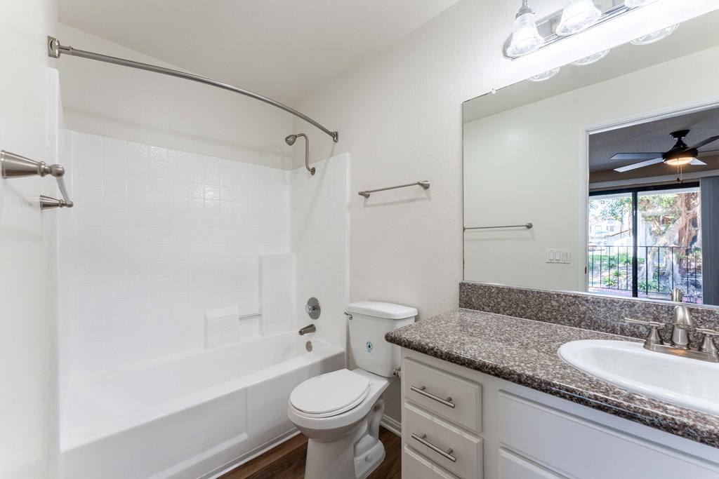 a bathroom with a shower toilet and sink and a mirror