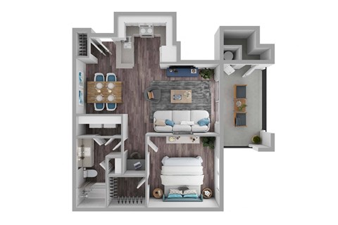 a stylized floor plan with a bedroom and a living room