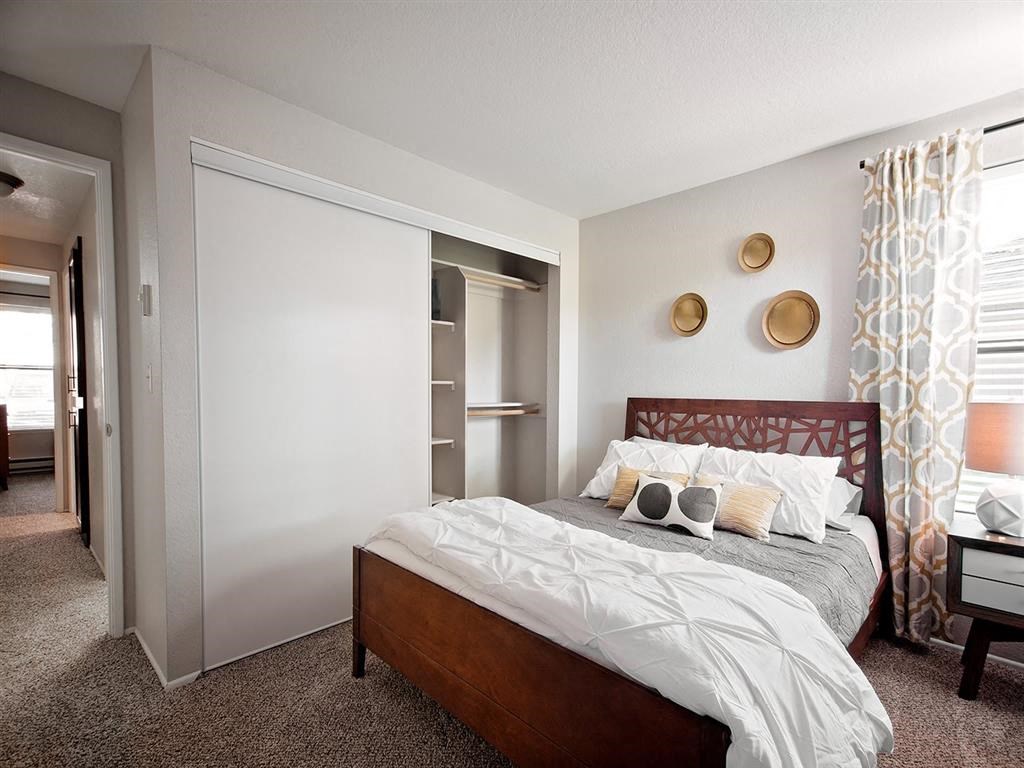 a bedroom with a bed and a closet