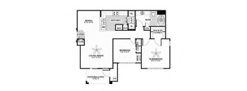 A floor plan of a house with a living room, dining room, kitchen, and two bedrooms.