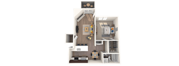 A top-down view of a small apartment with a kitchen, living room, and bathroom.
