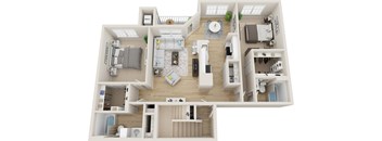 A 3D floor plan of a house with labeled rooms.