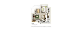 A floor plan of an Orchid apartment with one bedroom and one bath.