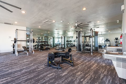 One Bedroom Apartments in Ahwatukee, AZ - Pacific Bay Club - Fitness Center with Carpeting, Floor to Ceiling Mirrors, Weights, Various Exercise Equipment, and Drinking Fountains.