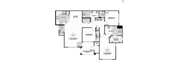 A floor plan of a house with a living room, dining room, kitchen, and two bedrooms.