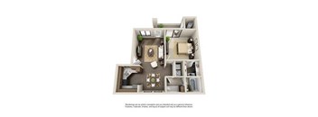 A 3D floor plan of a house with a kitchen, living room, and two bedrooms.