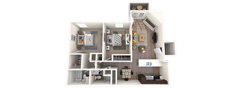 A 3D rendered image of a house layout.