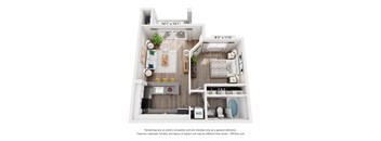 A 3D floor plan of a small apartment with a living room, kitchen, and bathroom.