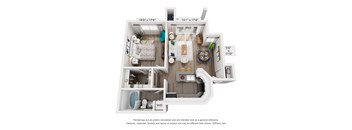 A 3D floor plan of a small apartment with a kitchen, living room, and bathroom.