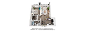 A 3D floor plan of a small apartment with a kitchen, living room, and bathroom.