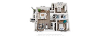 A 3D floor plan of a small apartment with a kitchen, living room, and bathroom.
