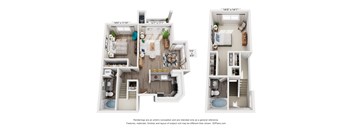 A floor plan of a two-bedroom apartment with a living room, kitchen, and bathroom.