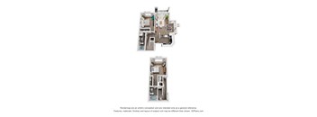 Two images of a 3D floor plan of a house with a kitchen, living room, and bathroom.