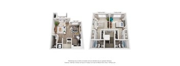 A floor plan of a small apartment with two bedrooms and a living area.