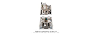 A 3D floor plan of a two-bedroom apartment with a living room, kitchen, and bathroom.