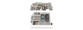 A 3D floor plan of a house with two bedrooms, a living room, a kitchen, and a garage.