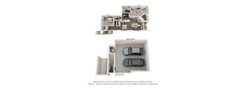 A 3D floor plan of a house with a garage and a car.