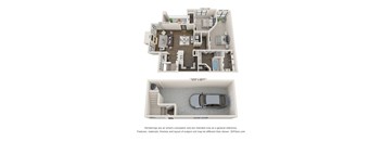 A 3D floor plan of a house with a garage.
