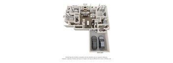 A 3D floor plan of a house with two bedrooms, two bathrooms, a living room, a kitchen, and a garage.