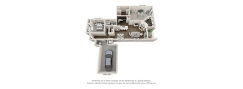 A 3D floor plan of a house with a car parked in the driveway.