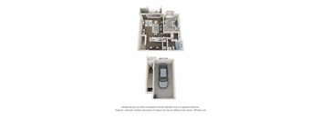 A 3D floor plan of a house with a garage.