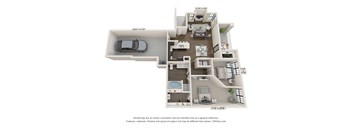 A 3D floor plan of a house with a garage and a car.