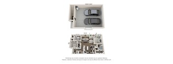 A 3D floor plan of a house with a garage and a living room.