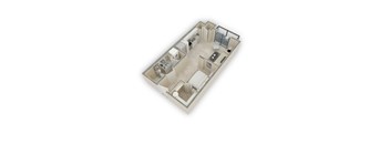 A 3D floor plan of a house with a kitchen, living room, and bathroom.