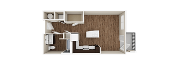 A 3D rendered image of a small apartment layout.