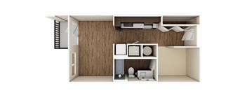 A 3D rendered image of a small apartment layout.