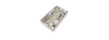 A 3D floor plan of a house with a kitchen, living room, and two bedrooms.
