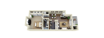 A 3D rendered image of a house layout.