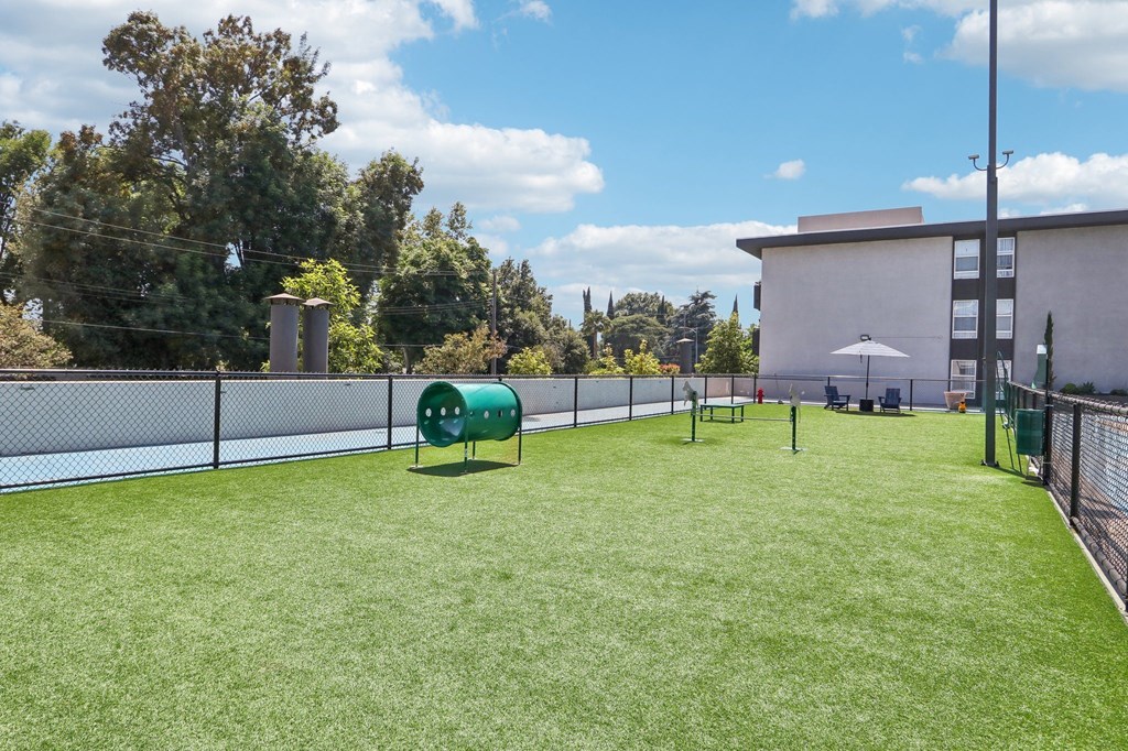 a dog park on the roof of a building with a tennis court