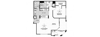 A floor plan of a house with a living room, dining room, kitchen, bedroom, bathroom, and laundry area.